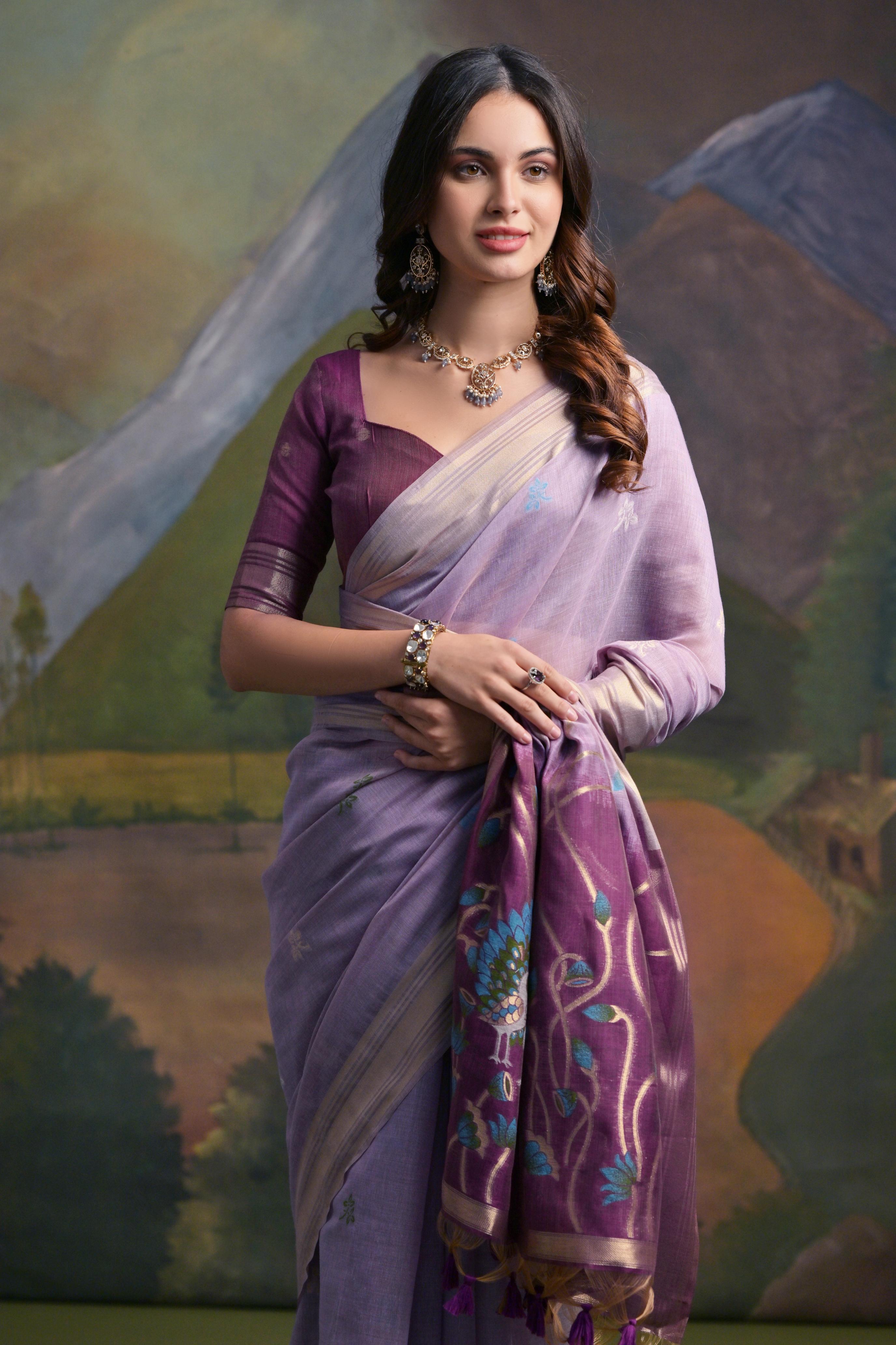 Muga Cotton Saree With Peacock Pallu - LAVENDER