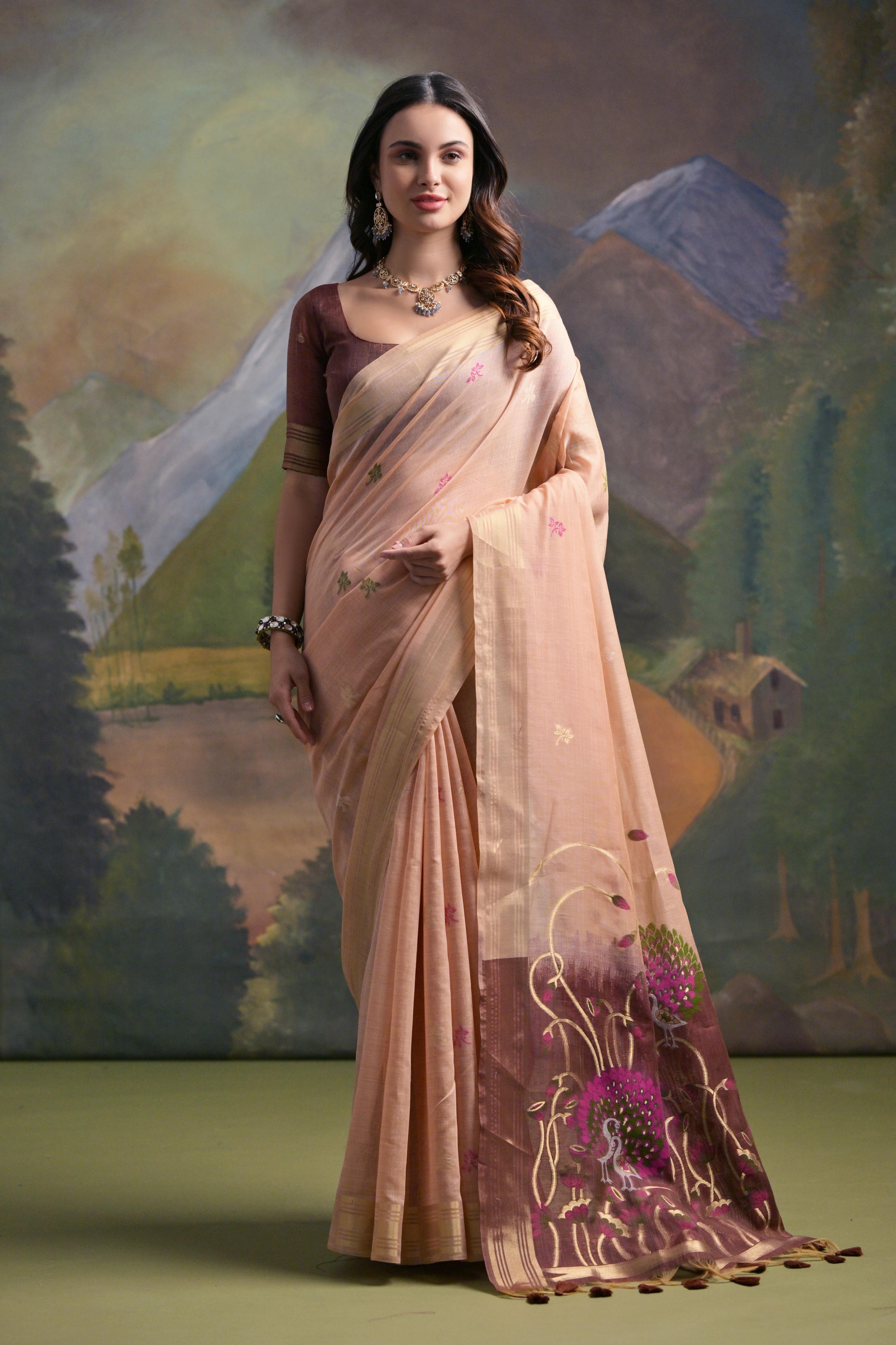 Muga Cotton Saree With Peacock Pallu - PEACH