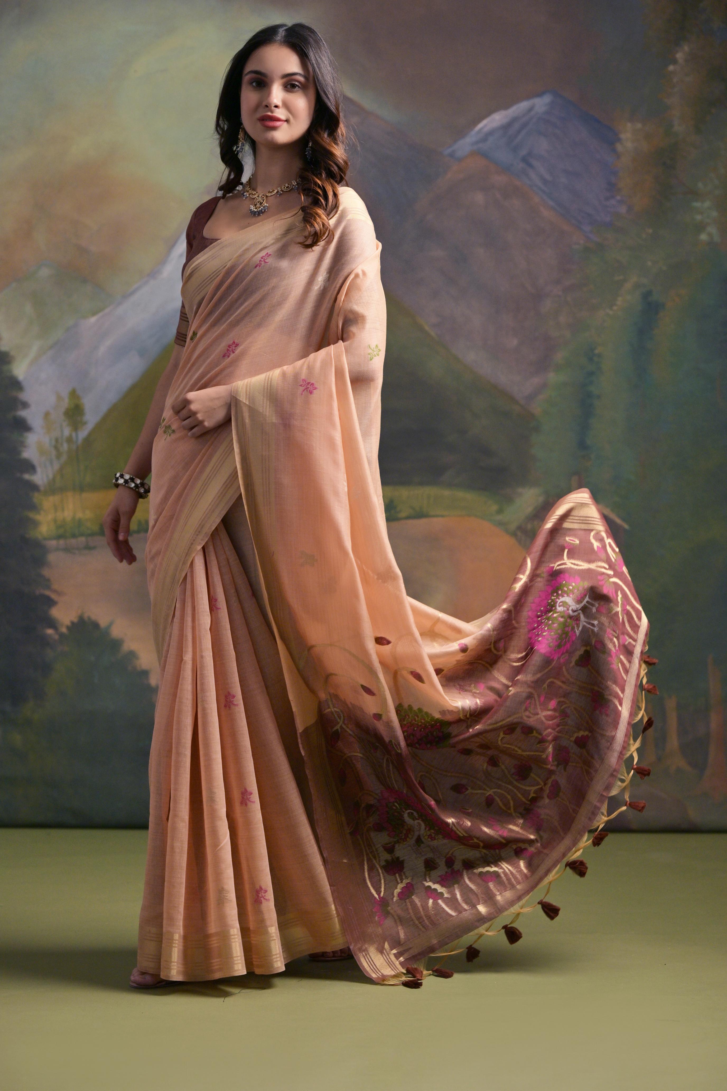 Muga Cotton Saree With Peacock Pallu - PEACH
