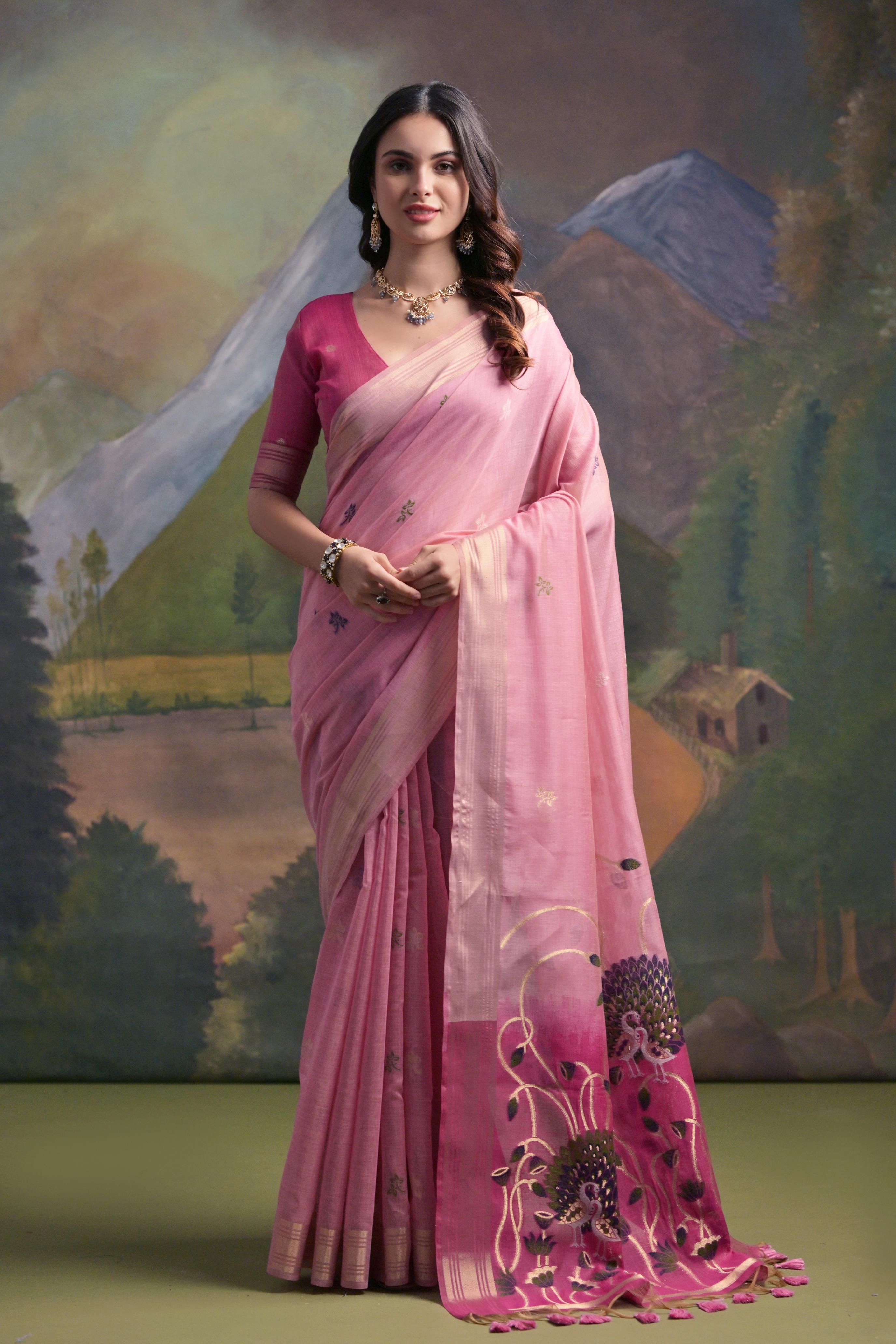 Muga Cotton Saree With Peacock Pallu - PINK
