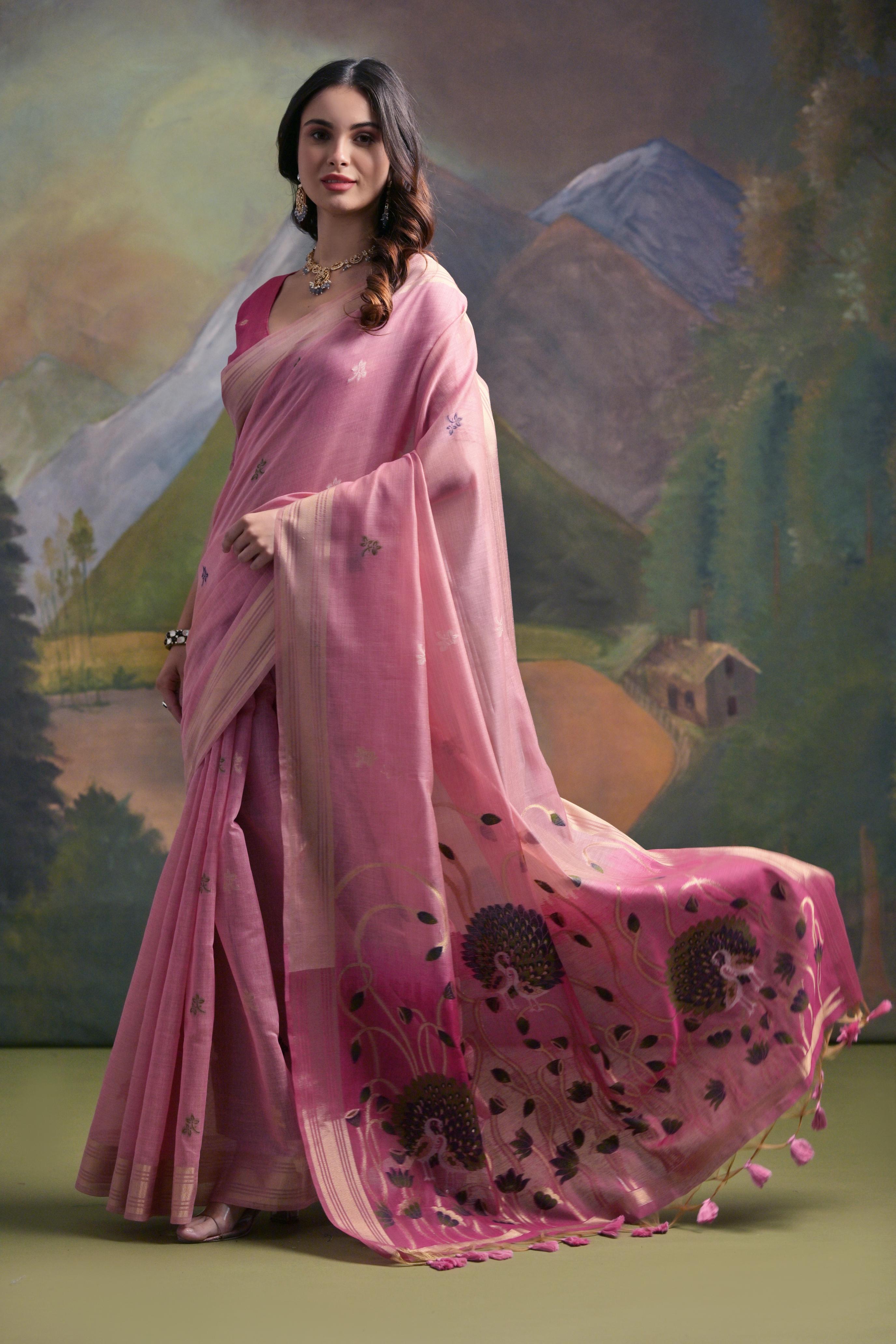 Muga Cotton Saree With Peacock Pallu - PINK