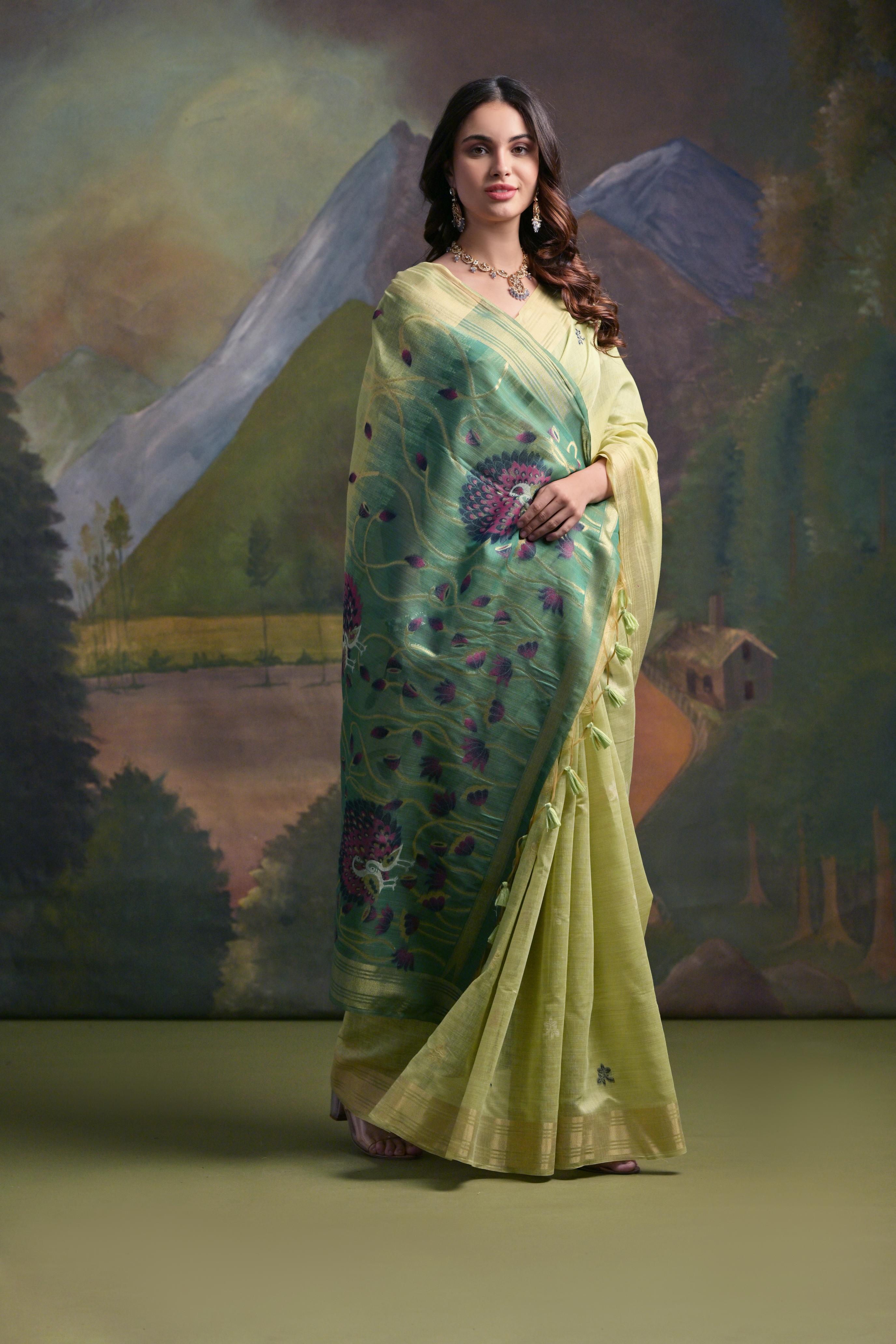 Muga Cotton Saree With Peacock Pallu - PISTA