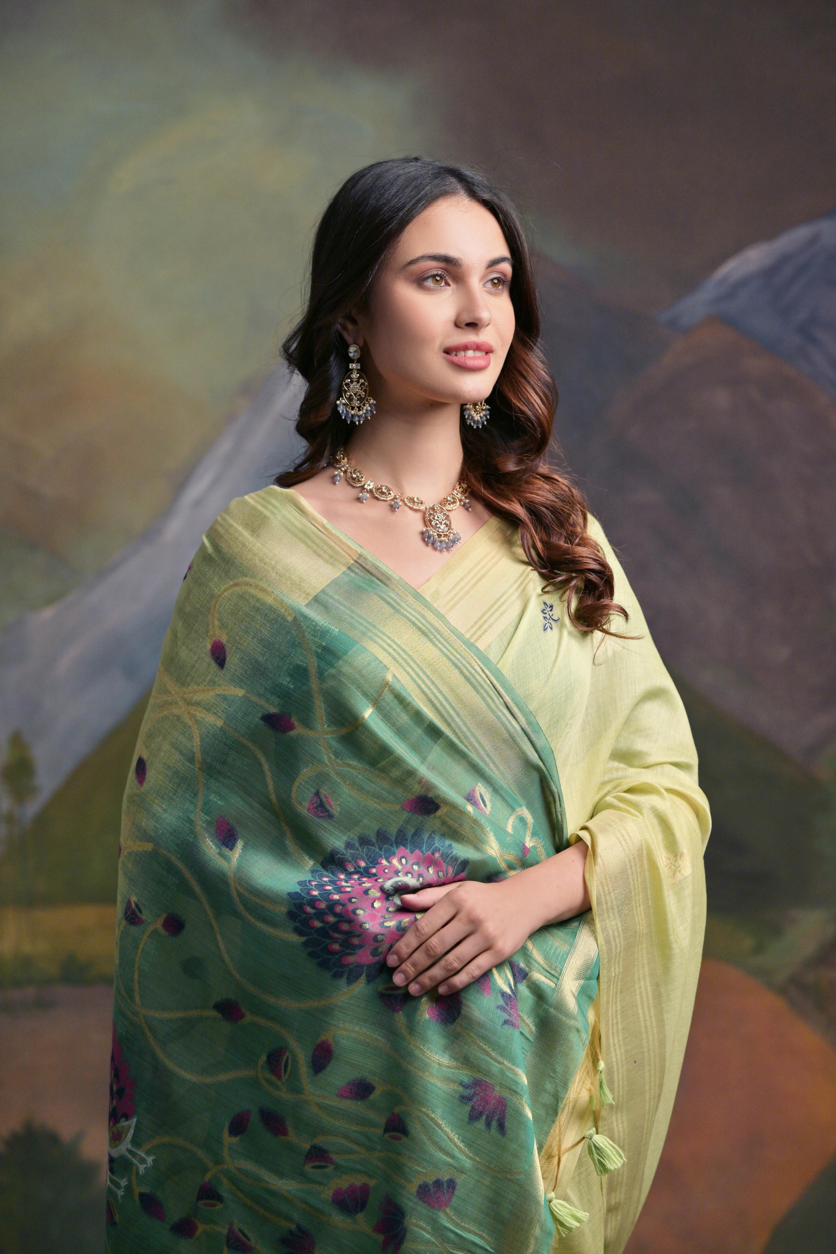 Muga Cotton Saree With Peacock Pallu - PISTA
