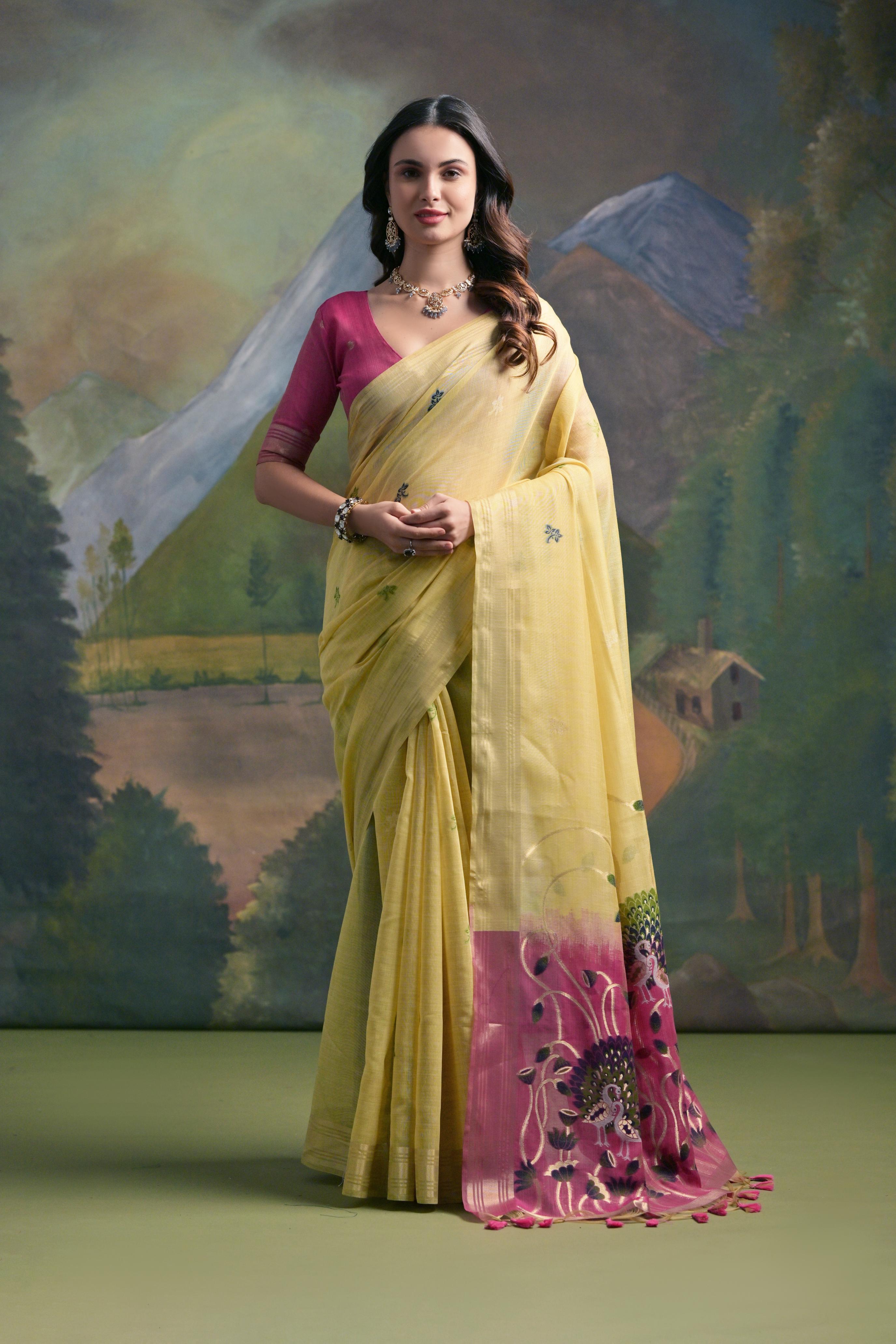 Muga Cotton Saree With Peacock Pallu - YELLOW