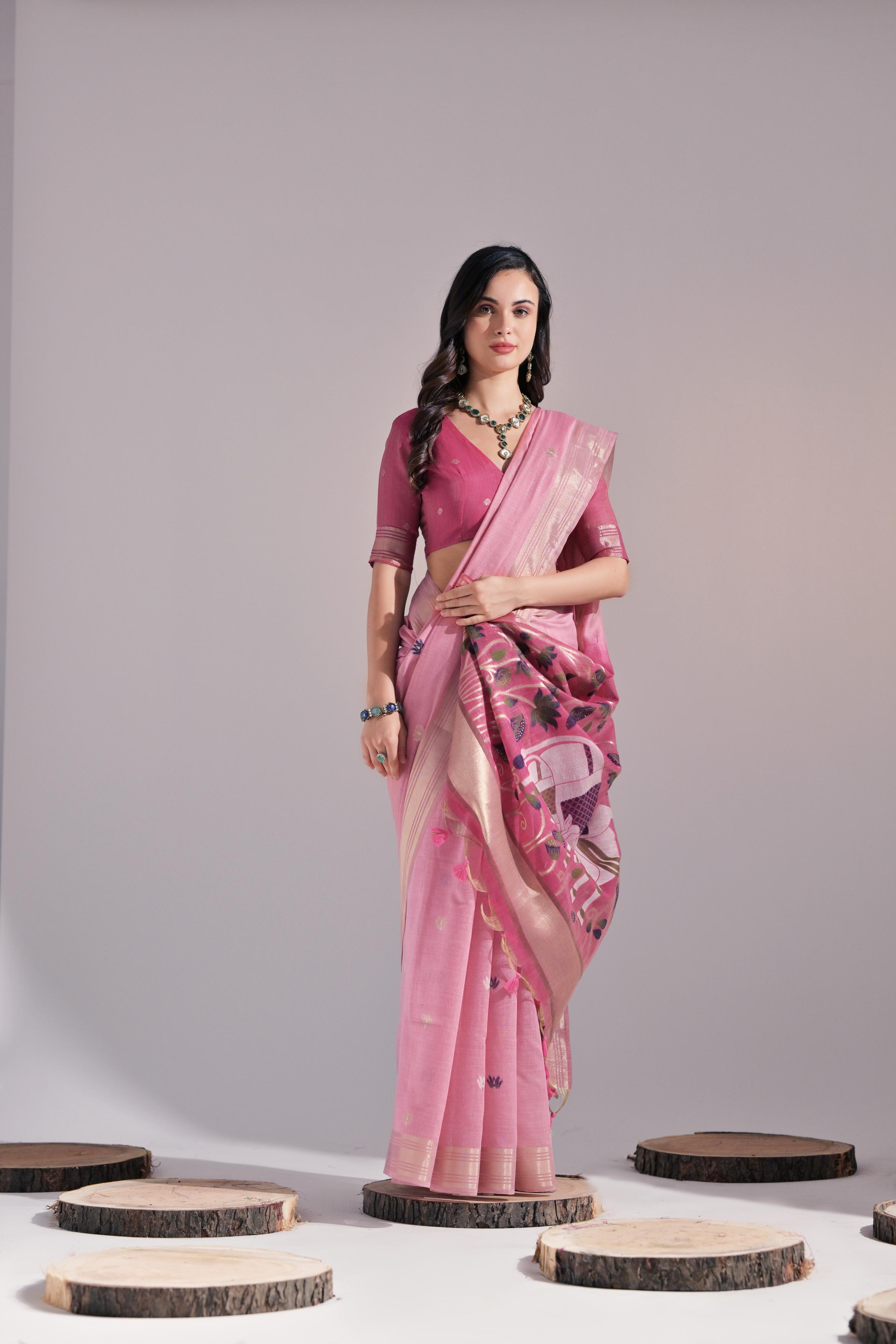 Muga Cotton Saree With Cow Pallu - PINK