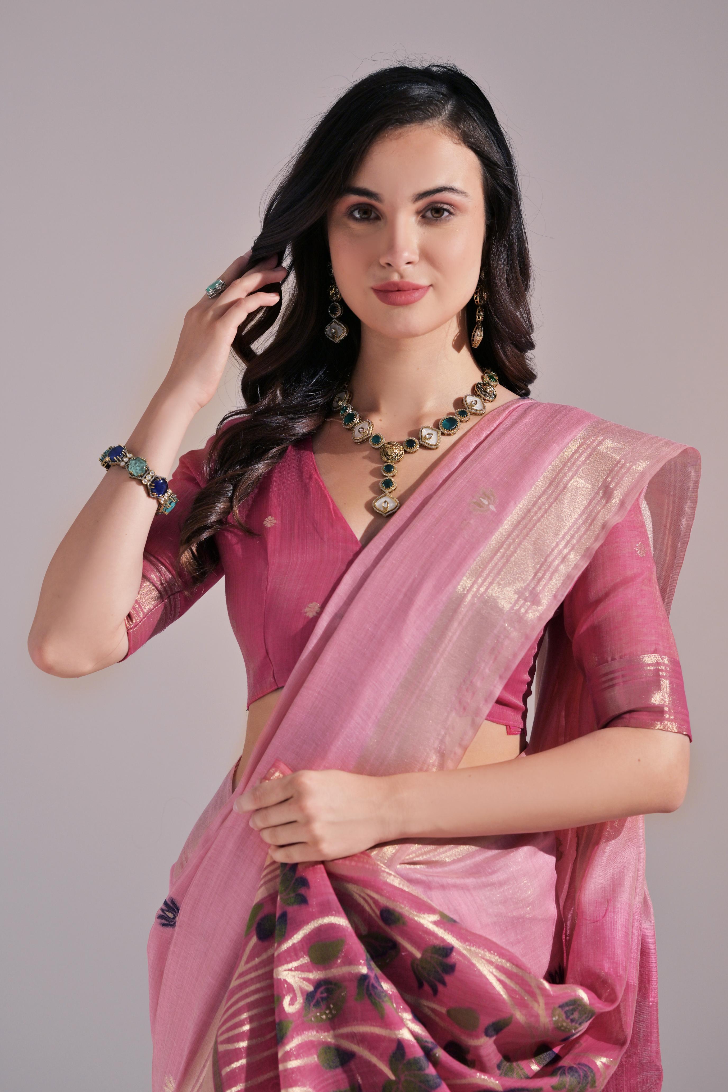 Muga Cotton Saree With Cow Pallu - PINK