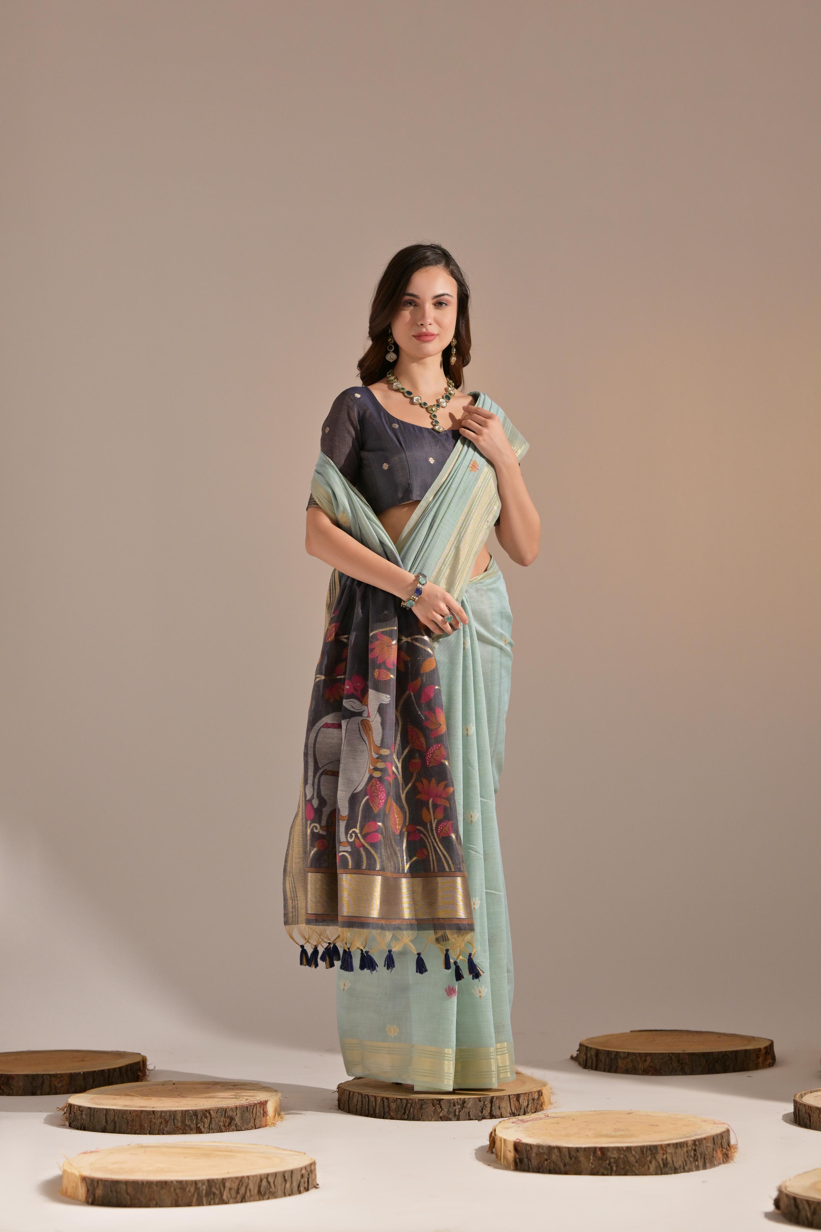 Muga Cotton Saree With Cow Pallu - FIROZI