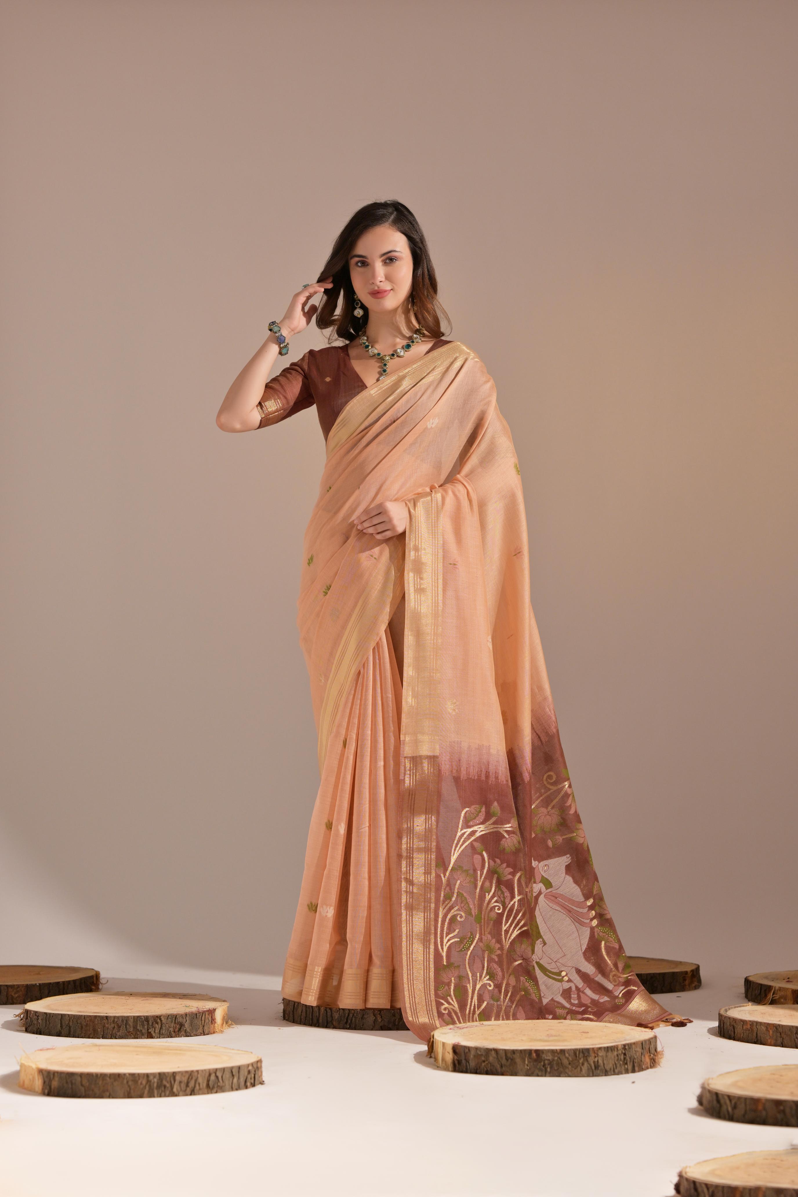 Muga Cotton Saree With Cow Pallu - PEACH