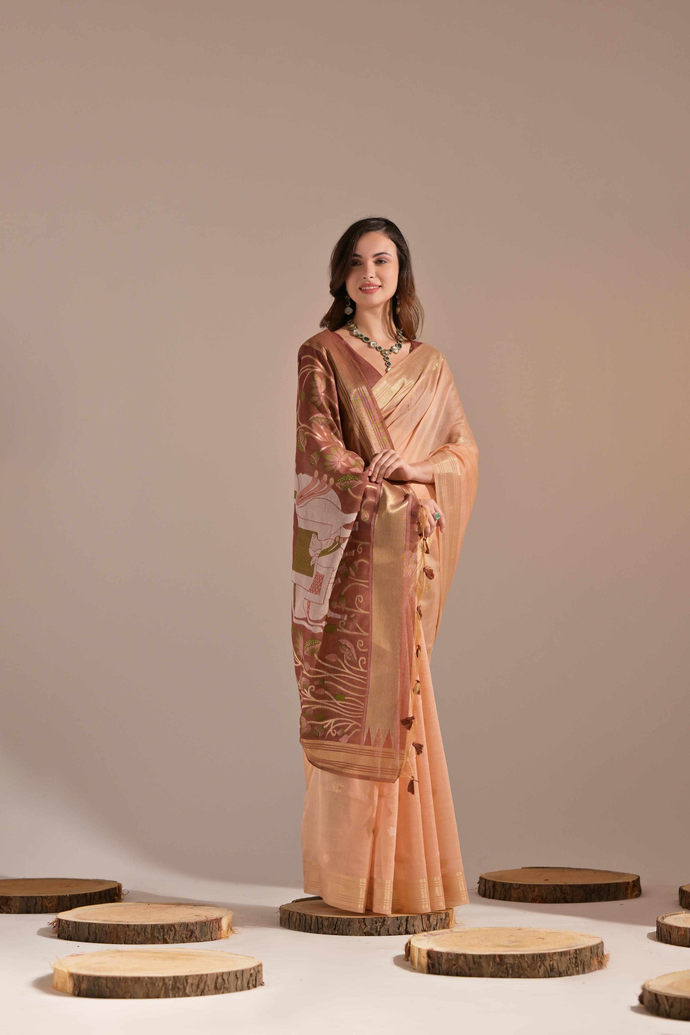 Muga Cotton Saree With Cow Pallu - PEACH