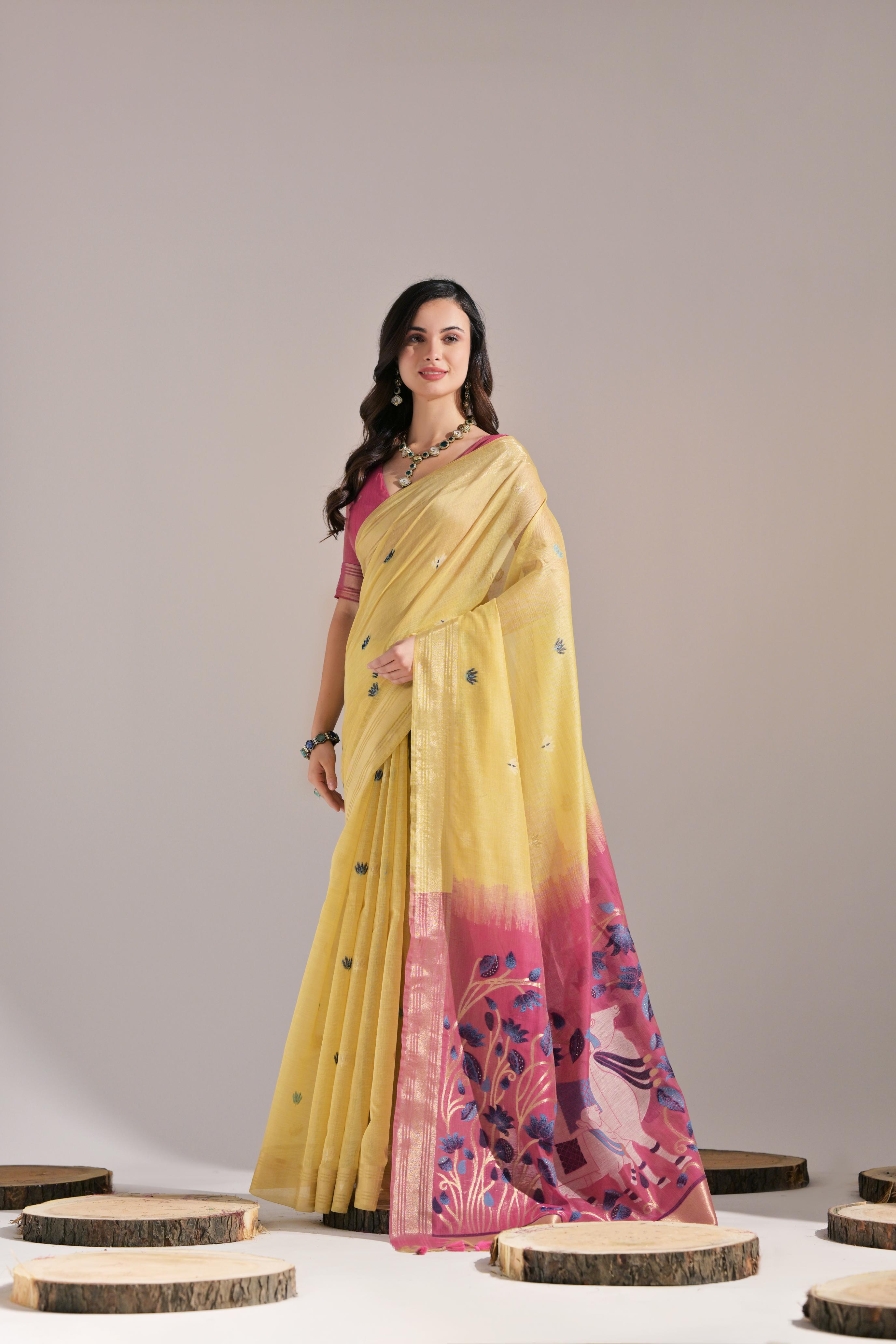 Muga Cotton Saree With Cow Pallu - YELLOW