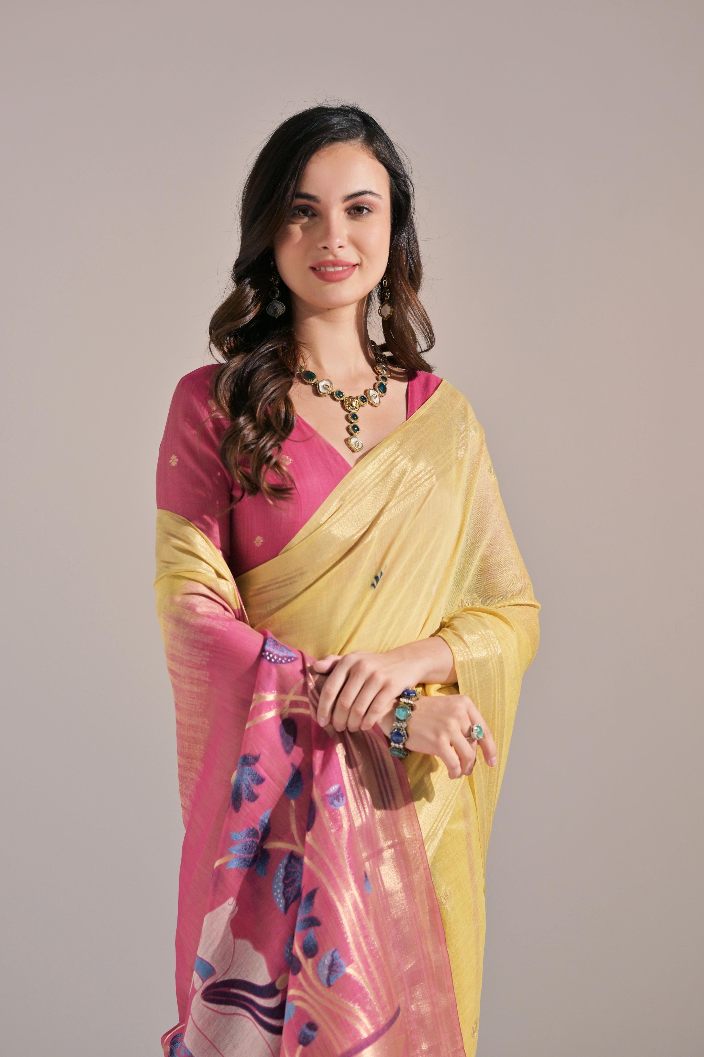 Muga Cotton Saree With Cow Pallu - YELLOW