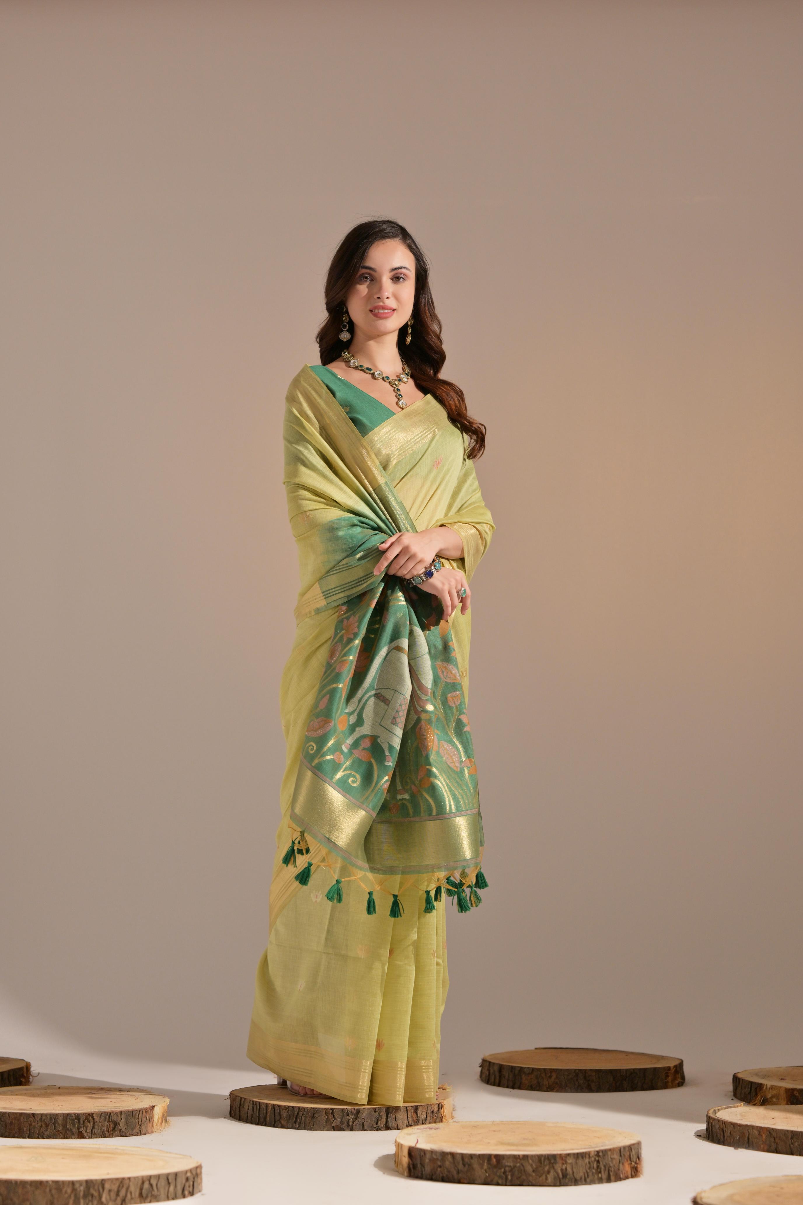 Muga Cotton Saree With Cow Pallu - PISTA