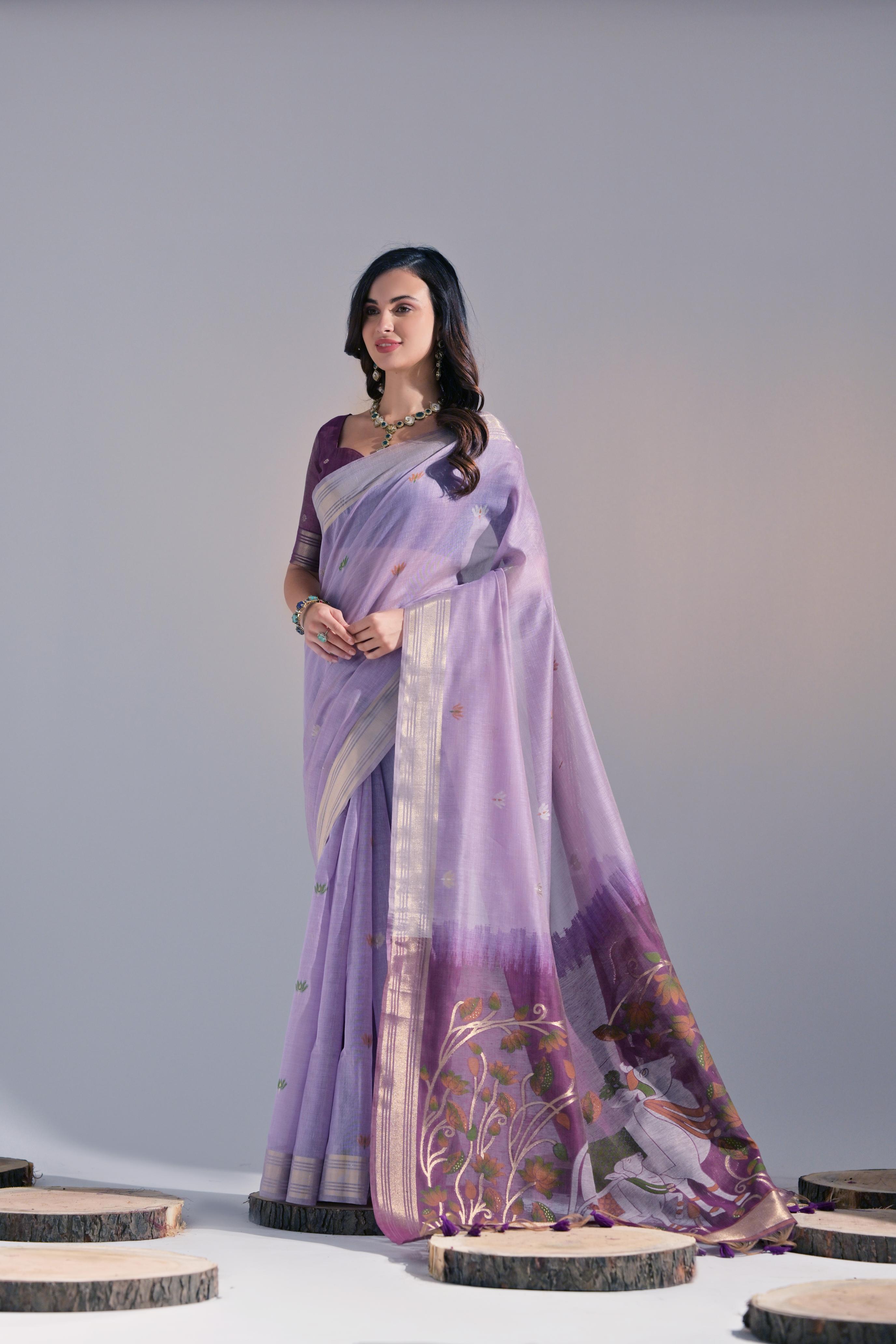 Muga Cotton Saree With Cow Pallu - LAVENDER