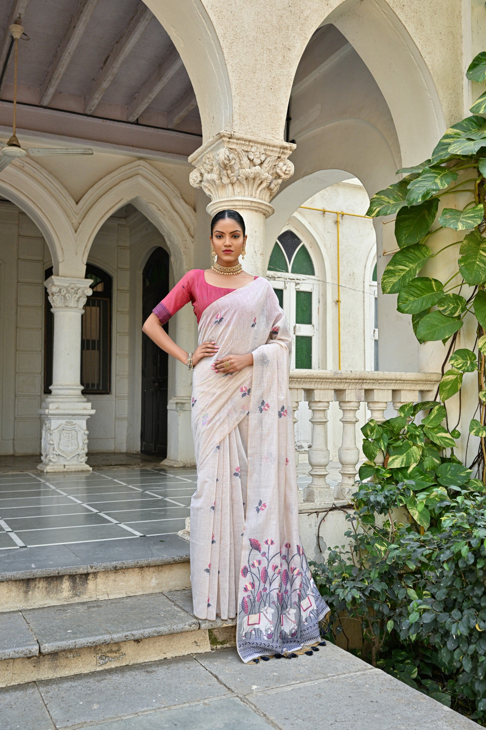 Muga Cotton Saree With Pichwai Pattern - BLUE