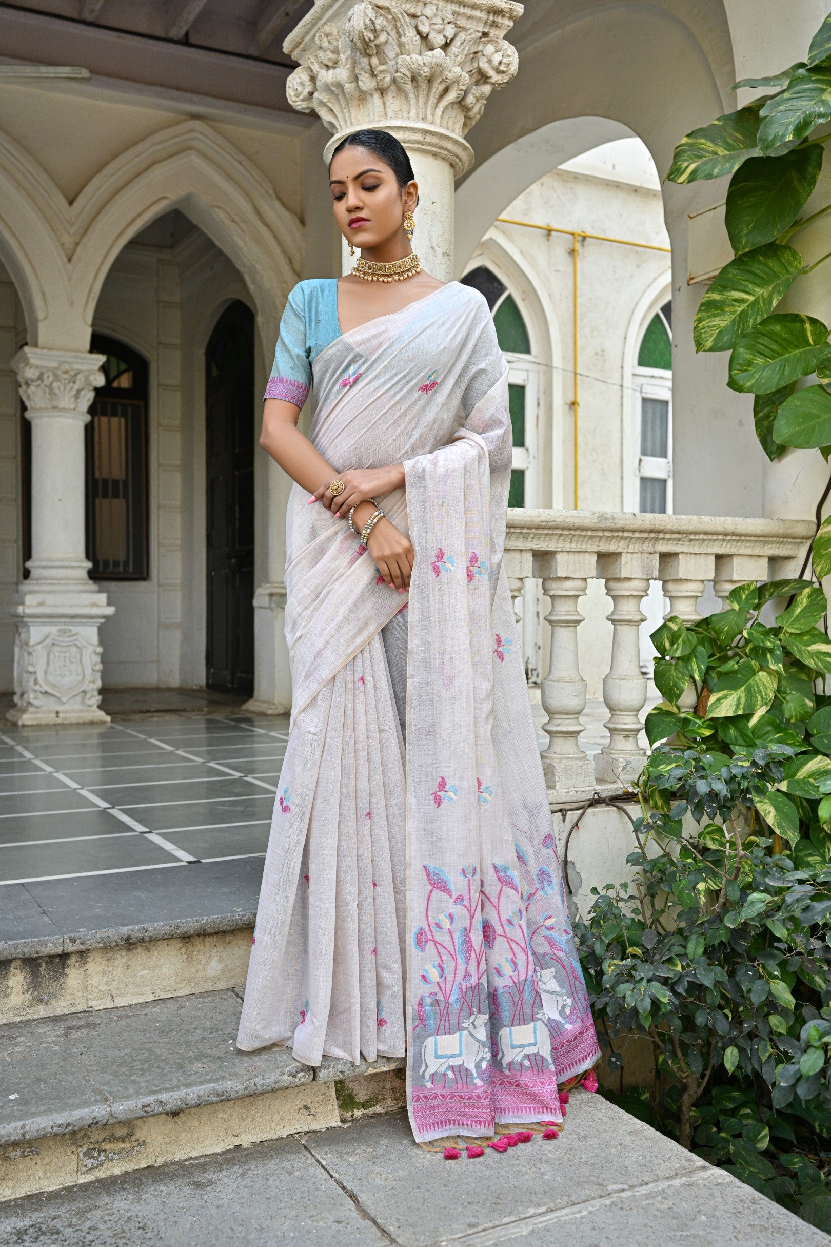 Muga Cotton Saree With Pichwai Pattern - PINK