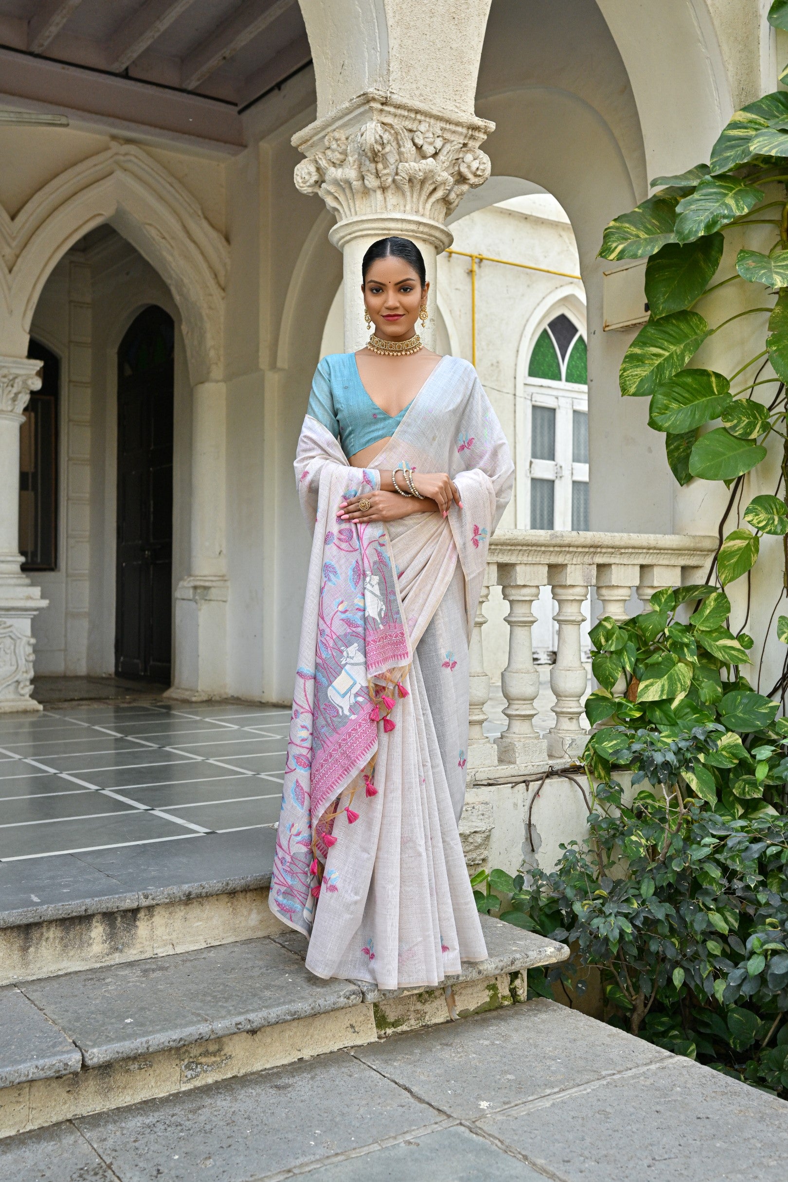 Muga Cotton Saree With Pichwai Pattern - PINK