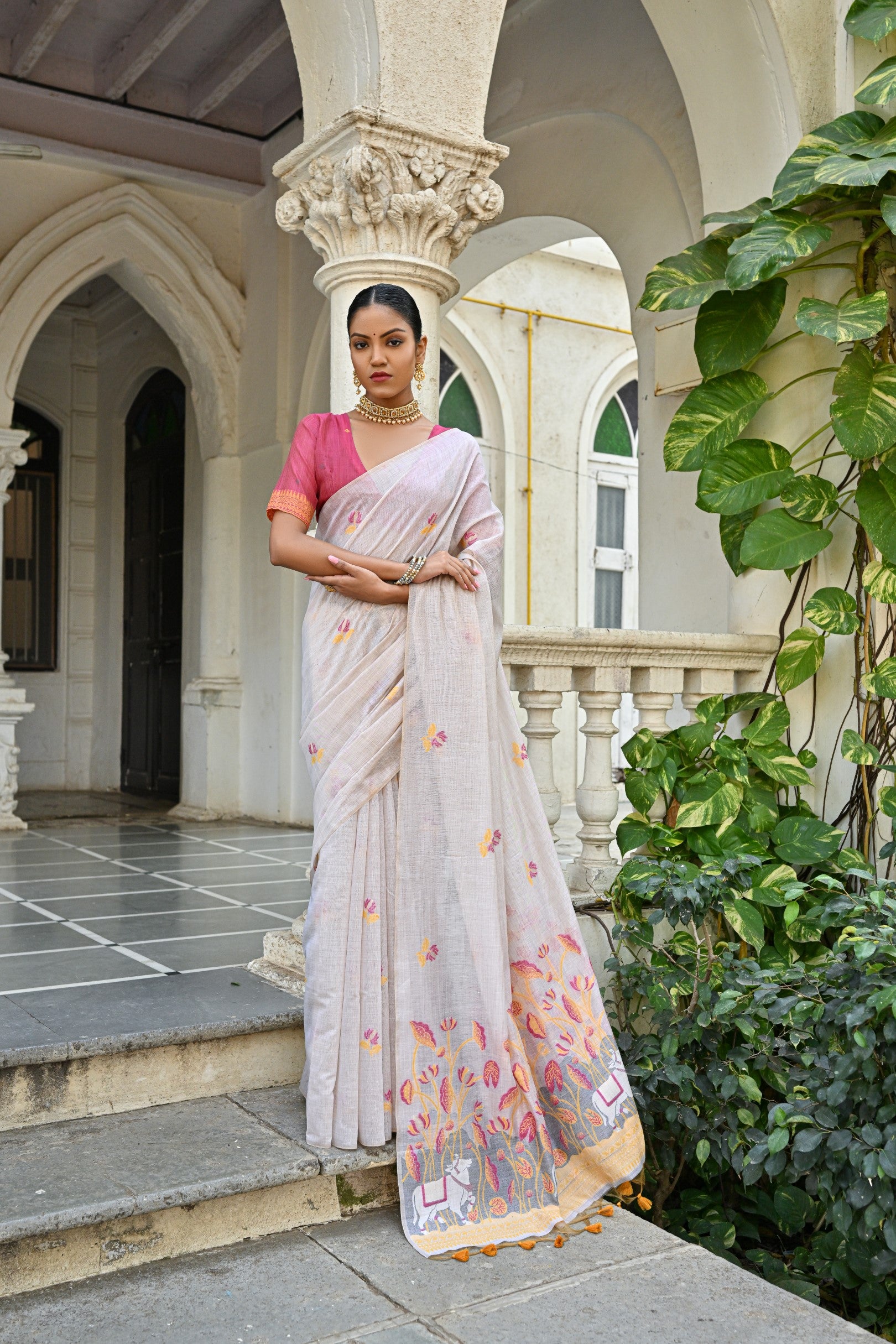 Muga Cotton Saree With Pichwai Pattern - YELLOW