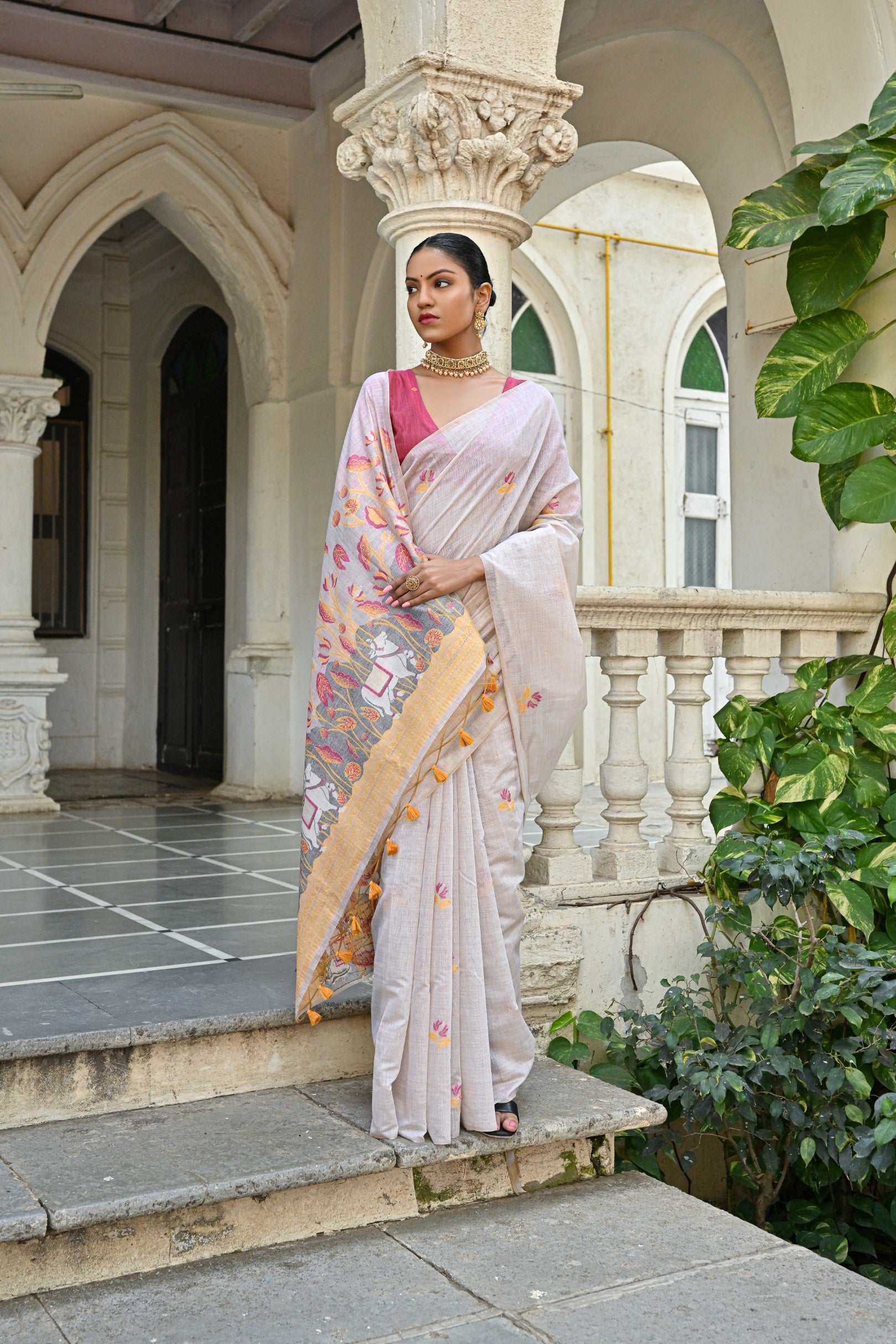 Muga Cotton Saree With Pichwai Pattern - YELLOW