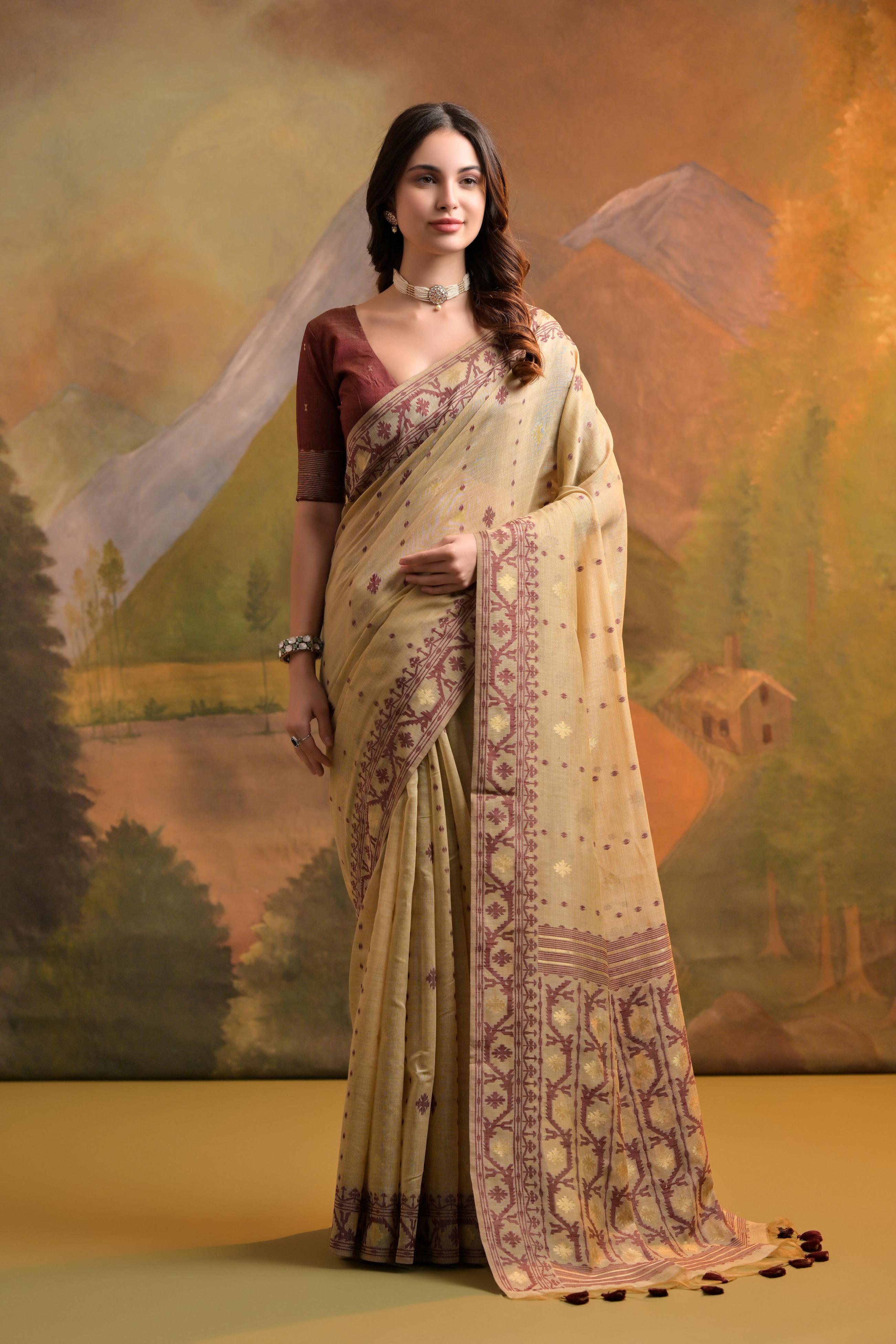 Muga Cotton Saree With Jamdani Pattern - CHIKU