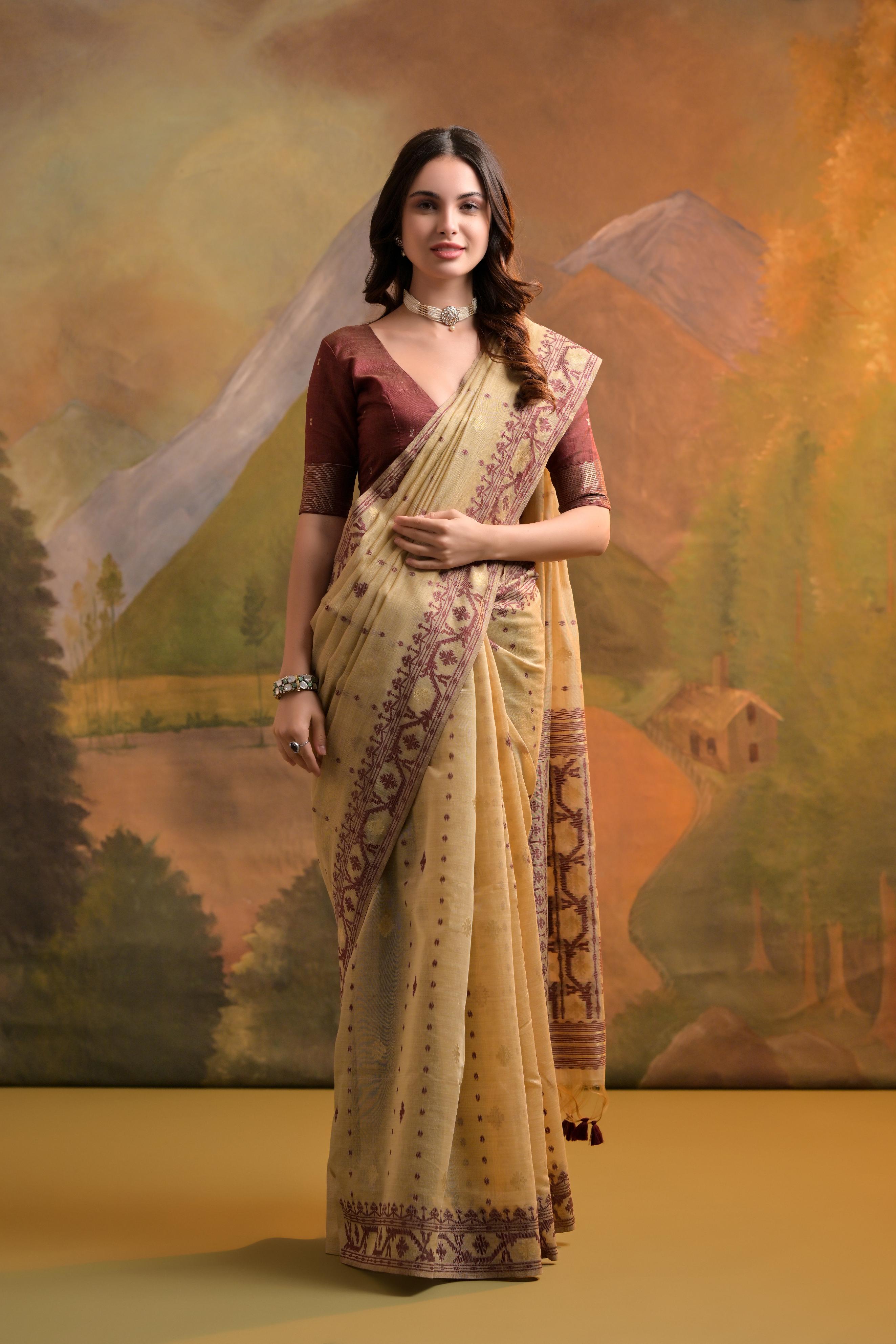 Muga Cotton Saree With Jamdani Pattern - CHIKU
