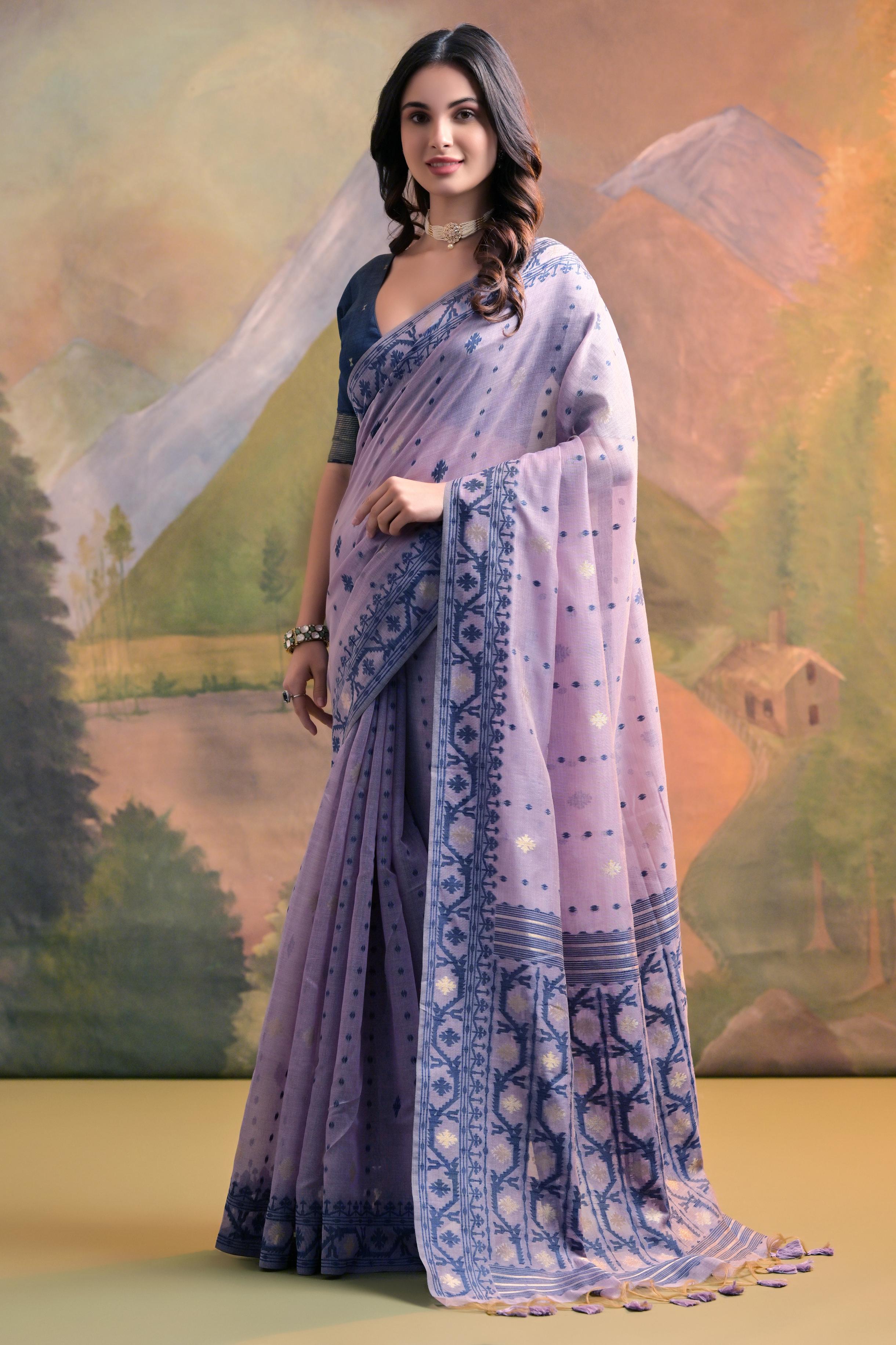 Muga Cotton Saree With Jamdani Pattern - LAVENDER
