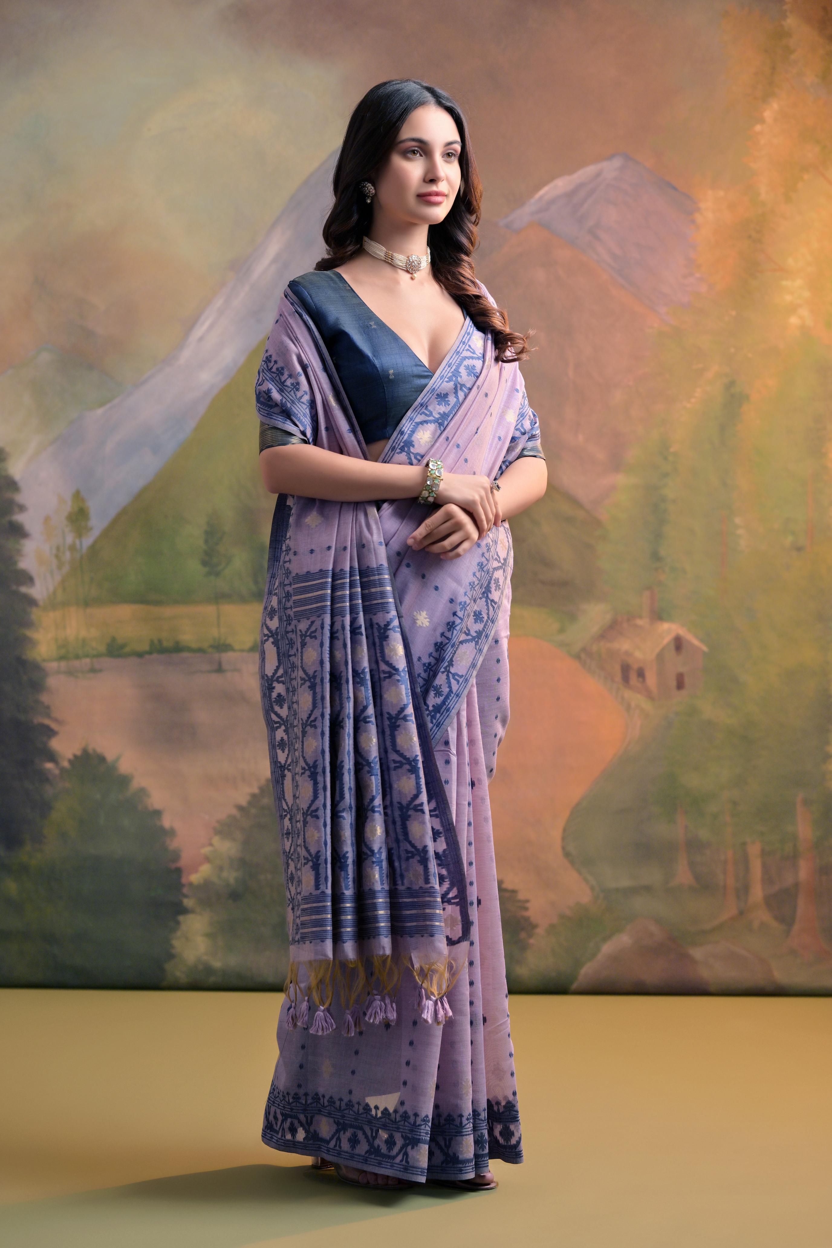 Muga Cotton Saree With Jamdani Pattern - LAVENDER