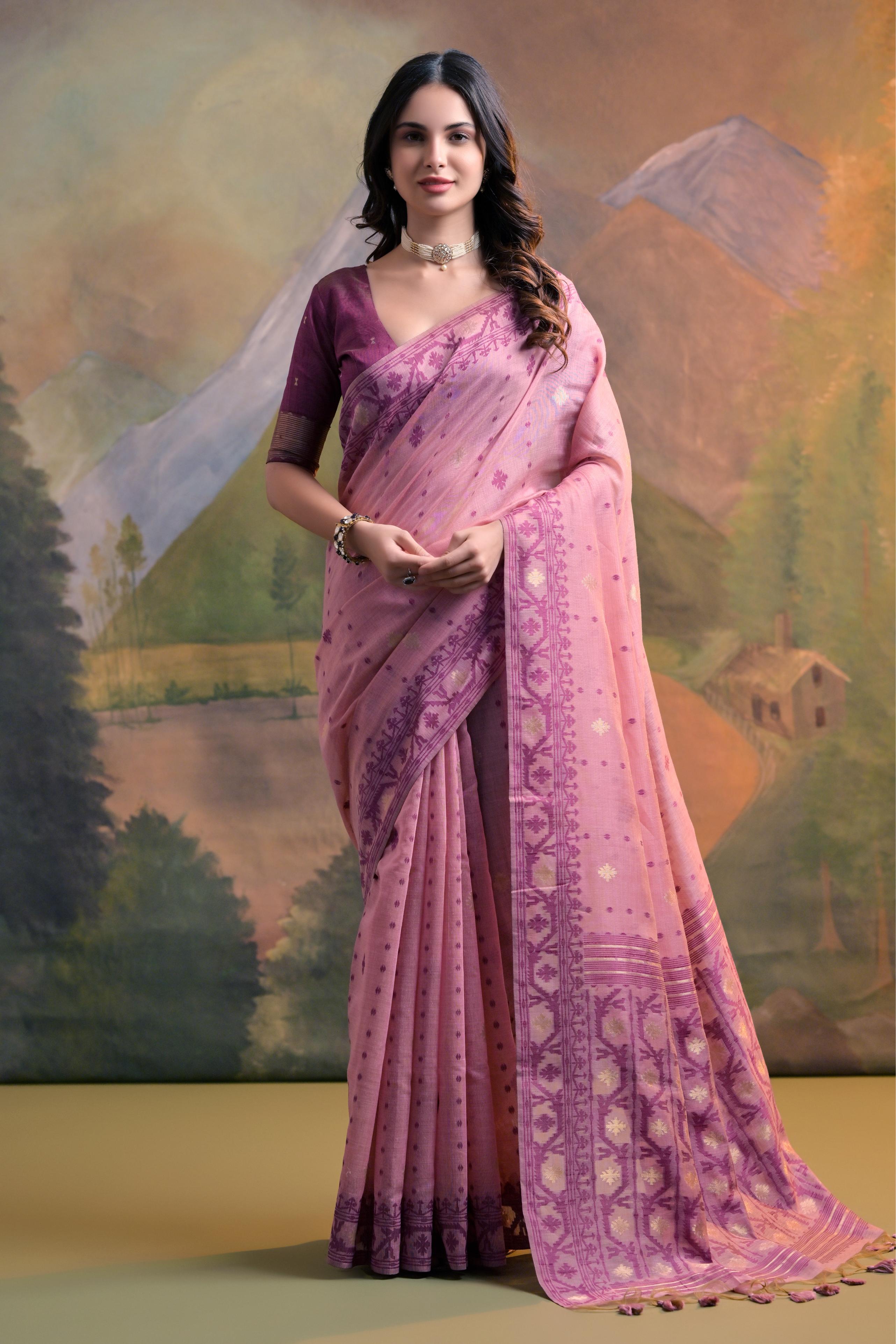 Muga Cotton Saree With Jamdani Pattern - PINK