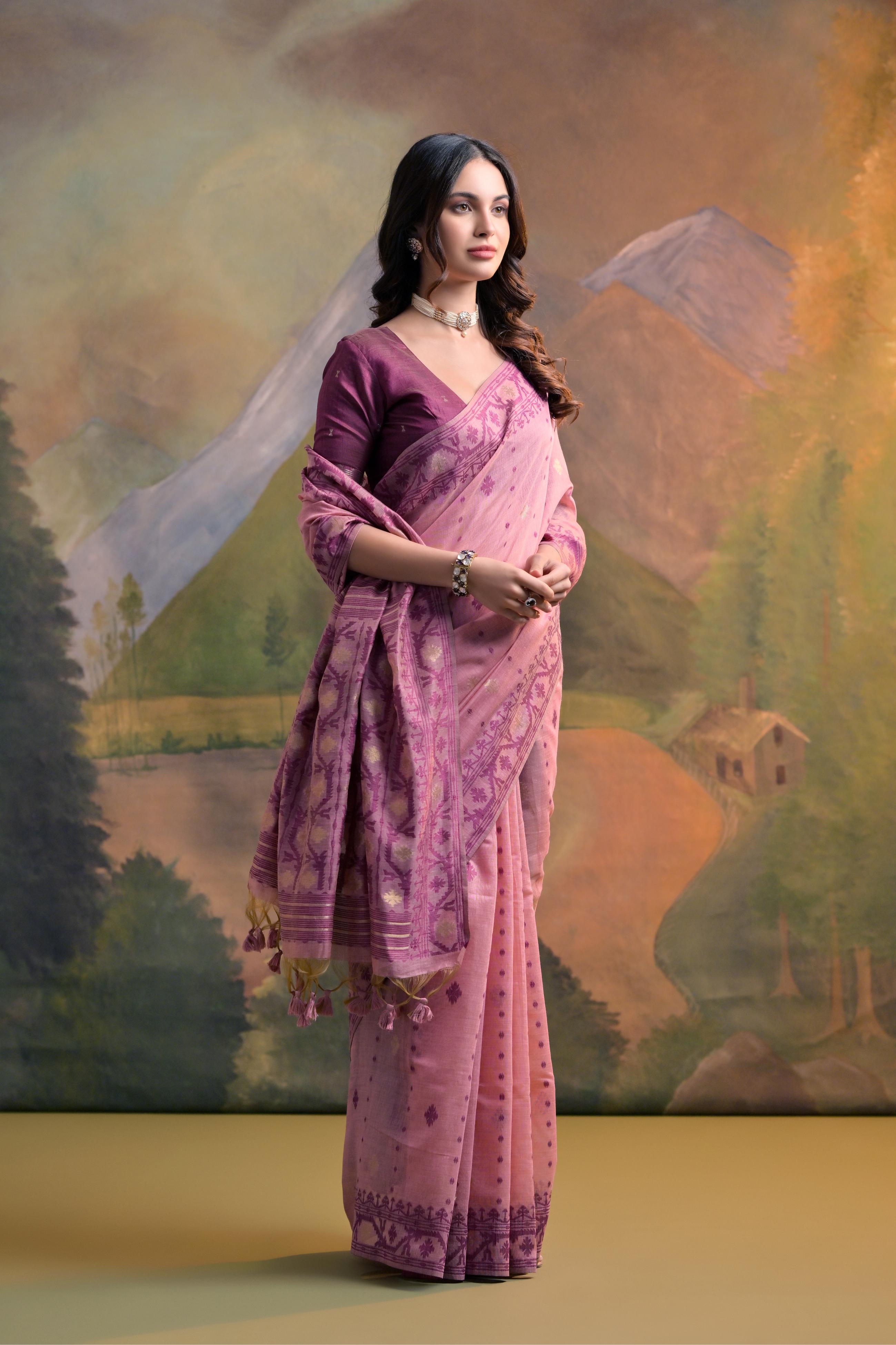 Muga Cotton Saree With Jamdani Pattern - PINK