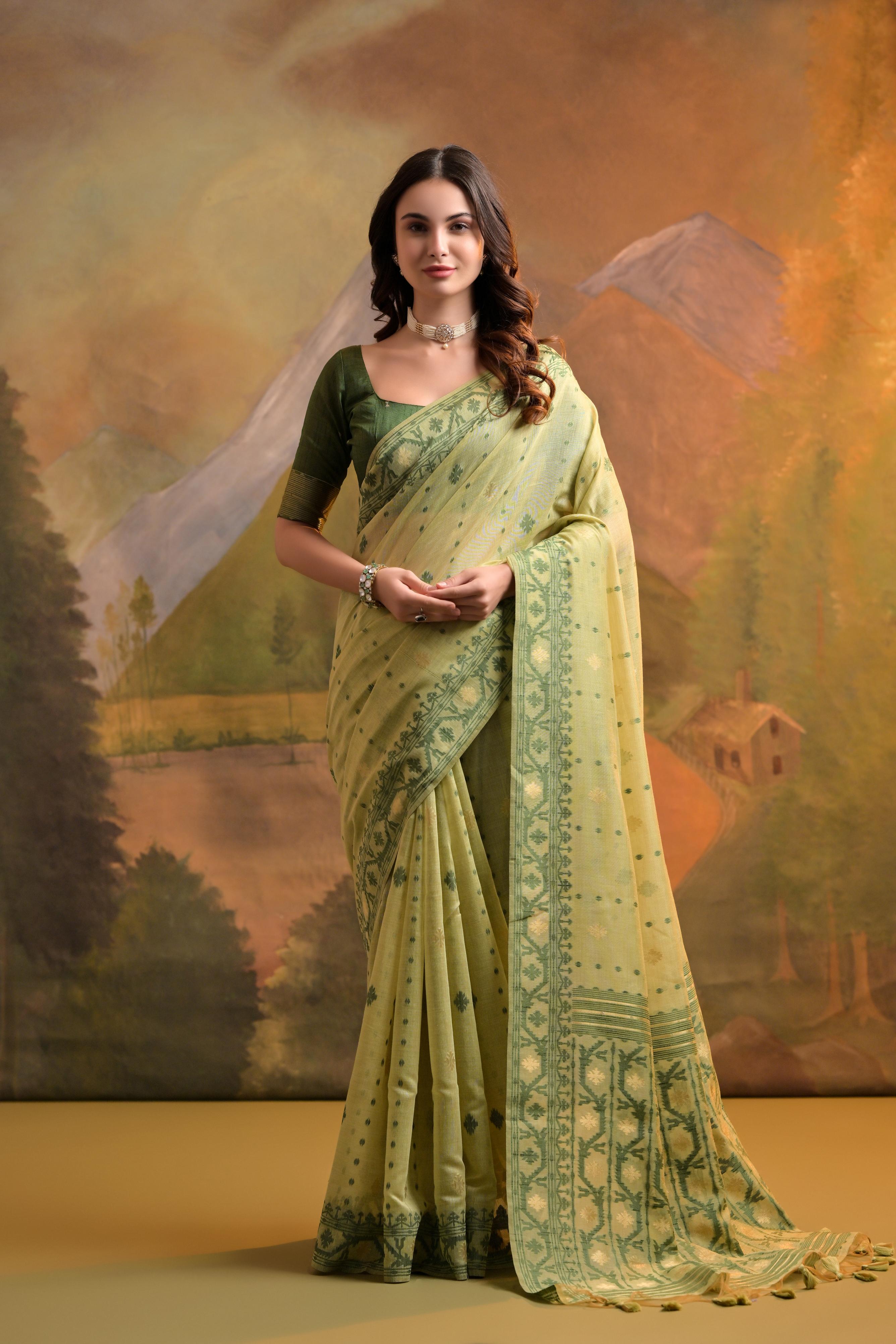 Muga Cotton Saree With Jamdani Pattern - PISTA