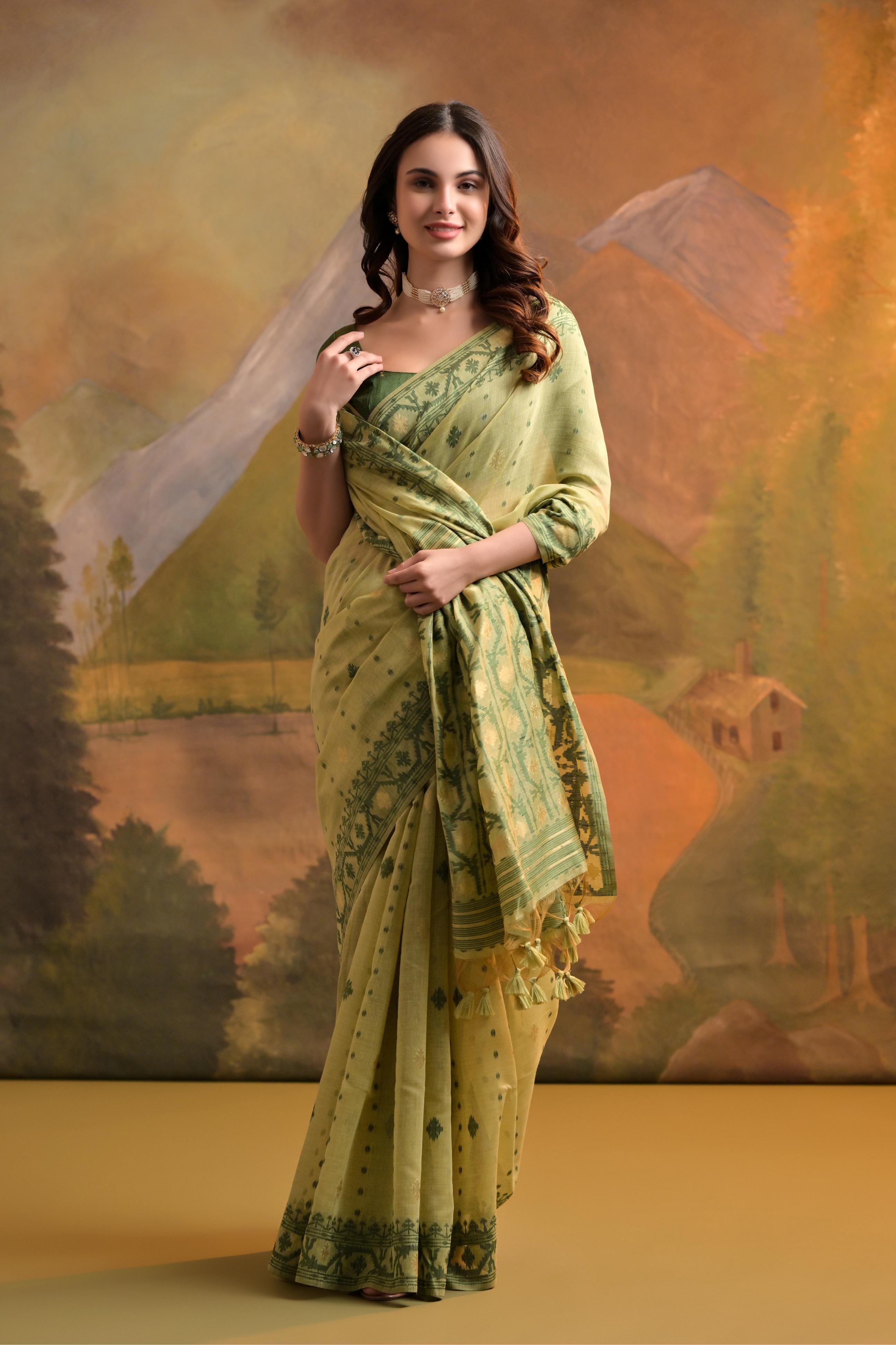 Muga Cotton Saree With Jamdani Pattern - PISTA